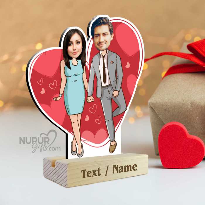 Couple with Heart Background Caricature Photo Stand