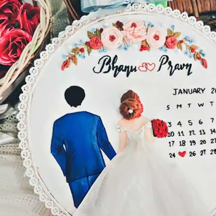 Bride &amp; Groom Wedding Calendar Customized Handmade Embroidery Hoop
