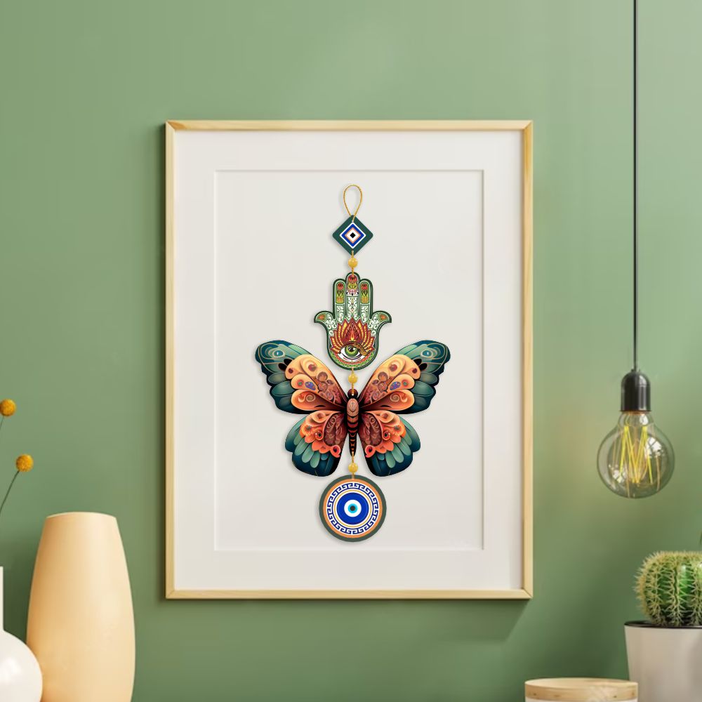 “The Fusion - Butterfly Evil Eye” Hanging for Home Decor/Positive Energy/Evil Eye/Hamsa Hand/Handcrafted Item/Wall Art/Decor/House Decor/Offices/Decoration/Good Luck Charm/Prosperity