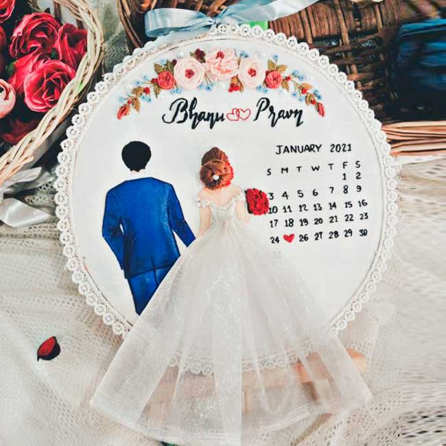 Bride &amp; Groom Wedding Calendar Customized Handmade Embroidery Hoop
