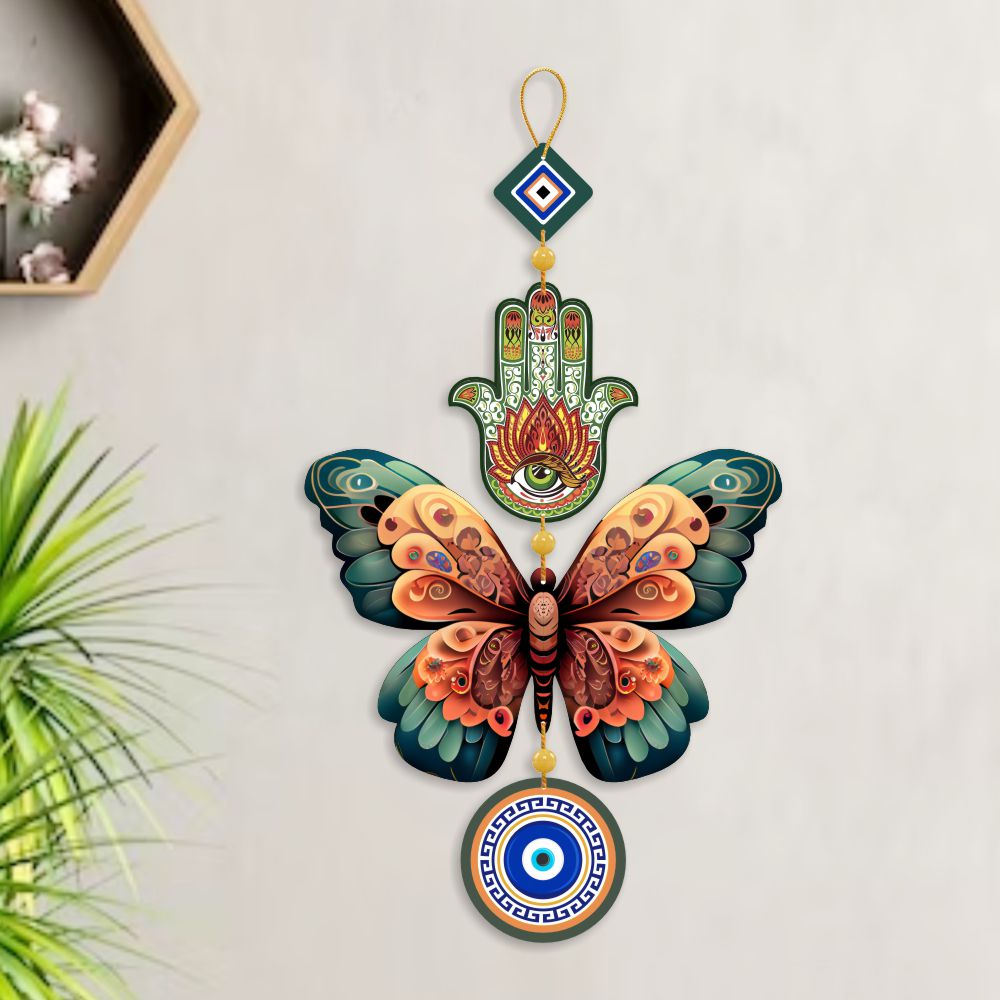 “The Fusion - Butterfly Evil Eye” Hanging for Home Decor/Positive Energy/Evil Eye/Hamsa Hand/Handcrafted Item/Wall Art/Decor/House Decor/Offices/Decoration/Good Luck Charm/Prosperity